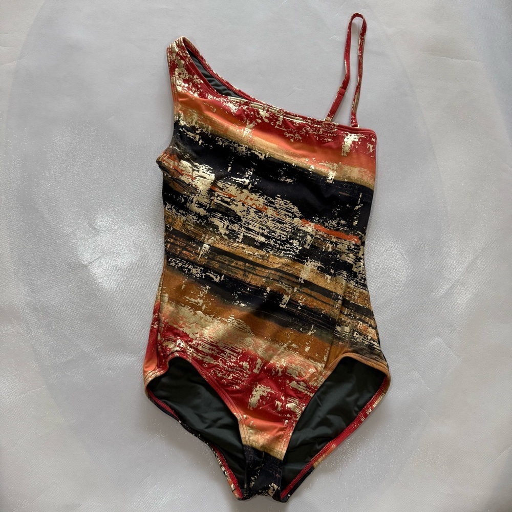 Carmen Marc Valvo Black Red Gold One Shoulder One Piece Bathing Suit size 8